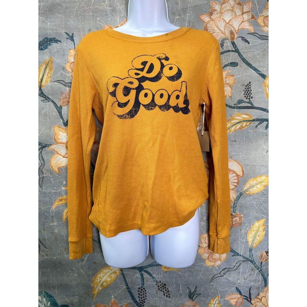 New Anthropologie Waffle Knit Thermal Yellow Retro Graphic Tee Shirt Size XS